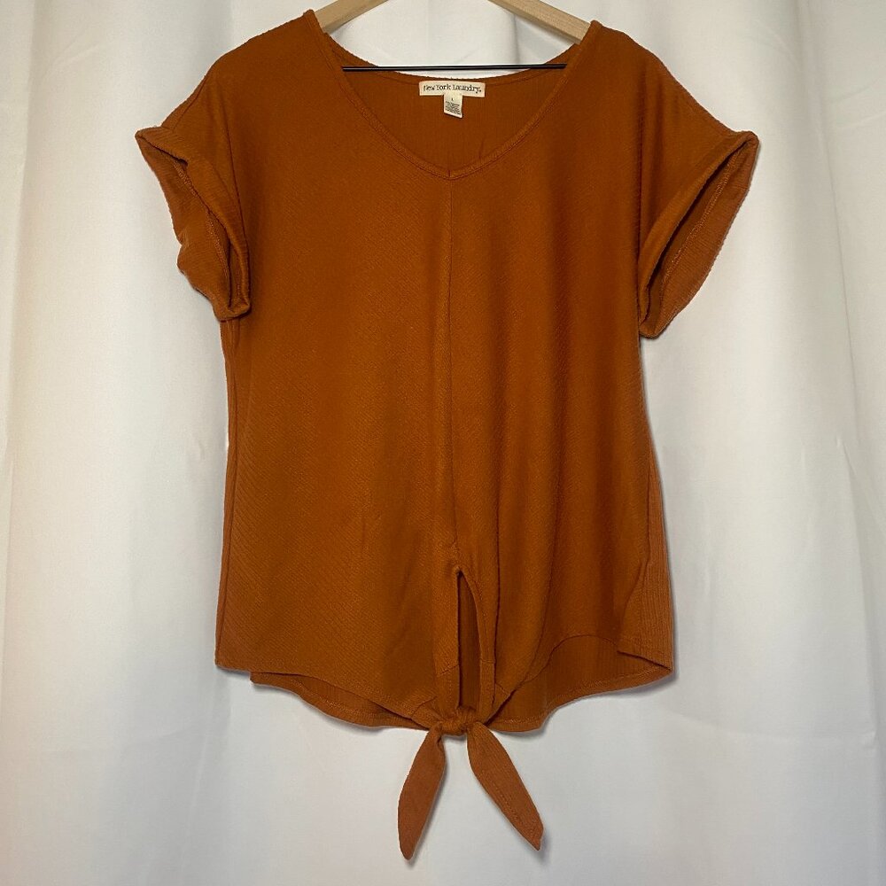 New York Laundry Tie-Front Top Womens L Orange Diagonal Ribbing Short Sleeve EUC